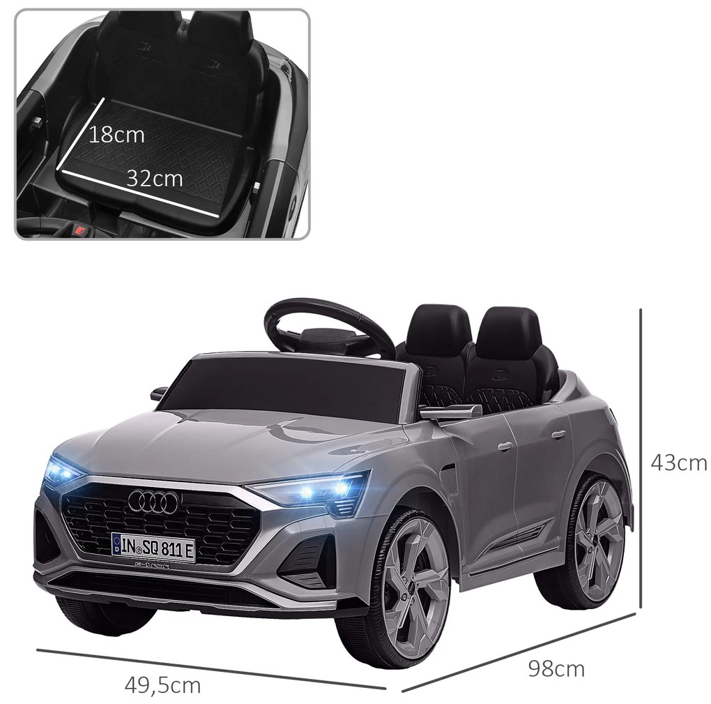 AIYAPLAY Mașină electrică pentru copii sub licență Audi Q8 e-tron Sportback 12V, telecomandă, faruri, muzică, claxon, 3-4 ani, Gri | Aosom Romania