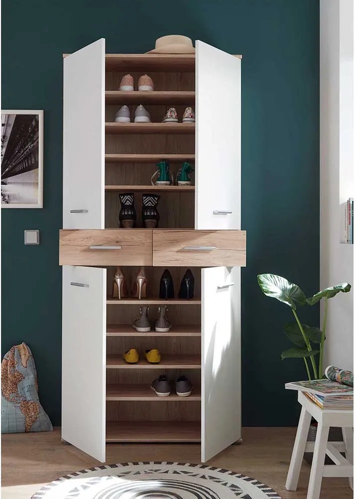 PANTOFAR MANUEL,90X35X195 CM,10 RAFTURI,2 SERTARE,CULOARE ALB,PAL