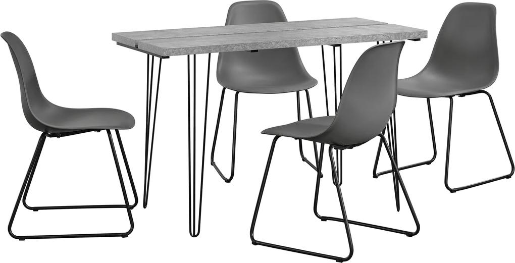 [en.casa]® Set Porto masa design bucatarie cu 4 scaune design, Model 2, MDF/otel/plastic,  82 x 46 x 56 cm, efect beton/gri inchis