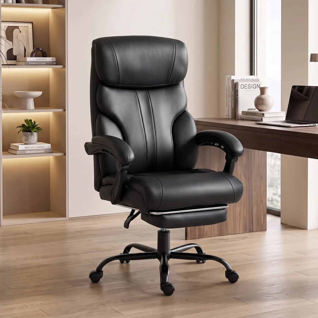 HOMCOM Scaun de birou ergonomic rotativ, rabatabil 165°, din piele ecologică PU, cu suport pentru picioare și înălțime reglabilă, negru | Aosom Romania