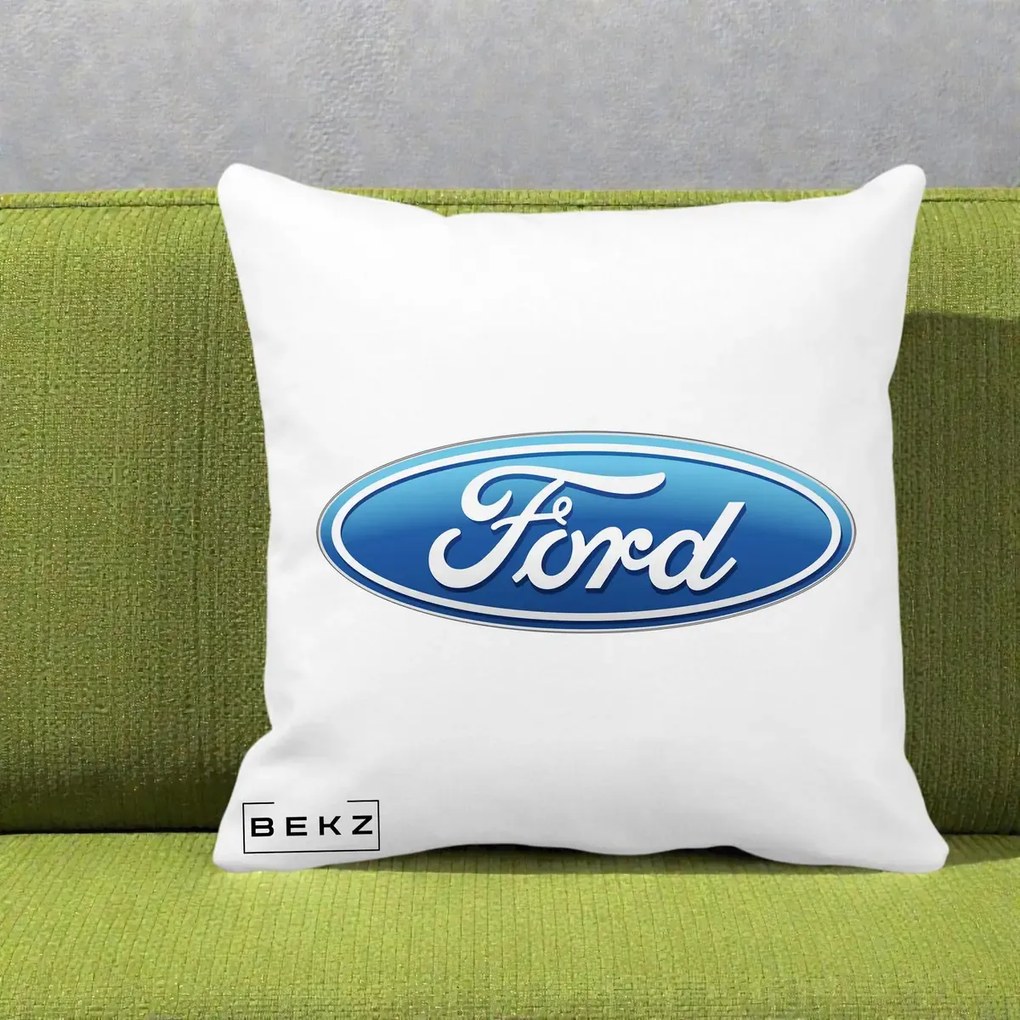 Perna Personalizata cu emblema Ford, 40x40 cm, Alba Mata, Husa Detasabila, Perna Inclusa, BEKZ®