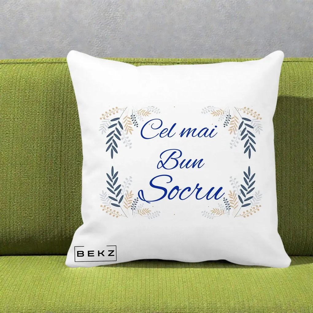 Cadou pentru Socru - Perna Personalizata Cel mai Bun Socru cu Ramuri Frunze Albastre si Aurii, 40x40 cm, Alba Mata, Husa Detasabila, Perna Inclusa, BEKZ®