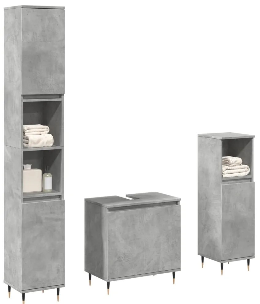 vidaXL Set mobilier de baie, 3 piese, gri beton, lemn compozit