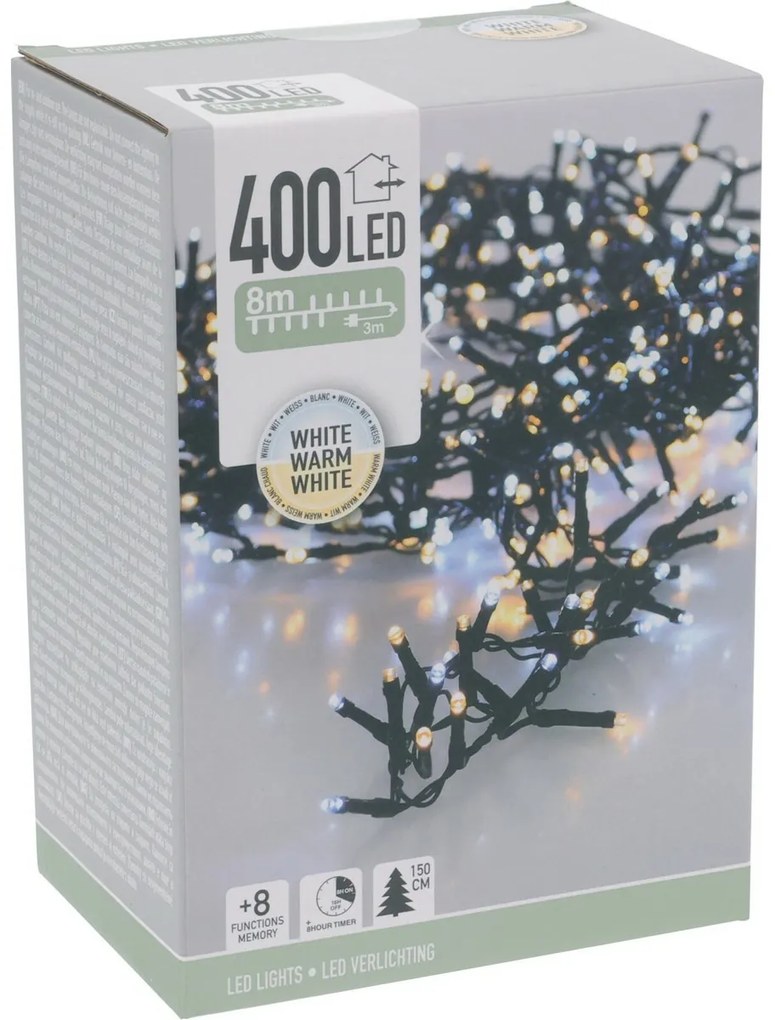 Lanț luminos exterior Microcluster, 8 m, 400 L ED,alb cald + alb, temporizator, IP44, 8 m