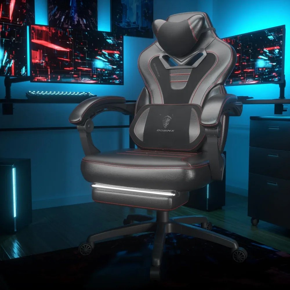DOWINX Scaun gaming, ergonomic, suport lombar cu masaj, Șezut cu Arcuri Metalice și Spumă, Spătar înalt, rabatabil 90°-145°, Buzunar depozitare, Suport picioare, rezistent 150 kg, material PU respirabil, Negru
