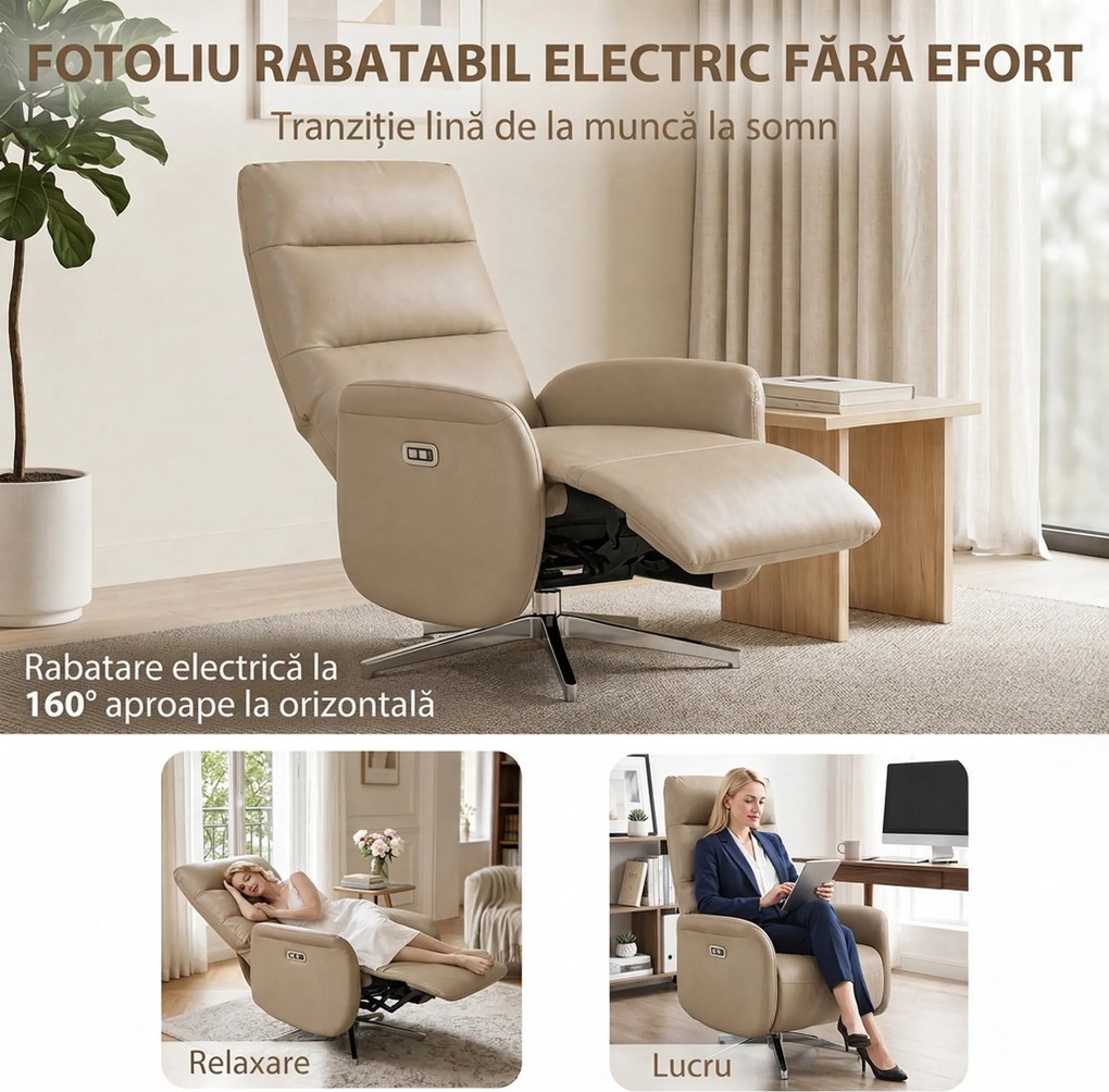 HOMCOM Fotoliu Electric Reclinabil și Rotativ cu Suport pentru Picioare, USB, Maro | Aosom Romania