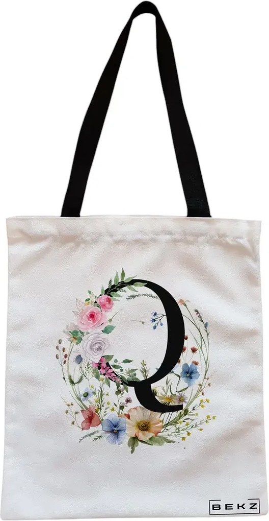 Sacosa de Panza pentru Cumparaturi, Geanta Tote, Cu litera Q in Coronita Florala, Cu fermoar, 38x34.5 cm, Alba, BEKZ®