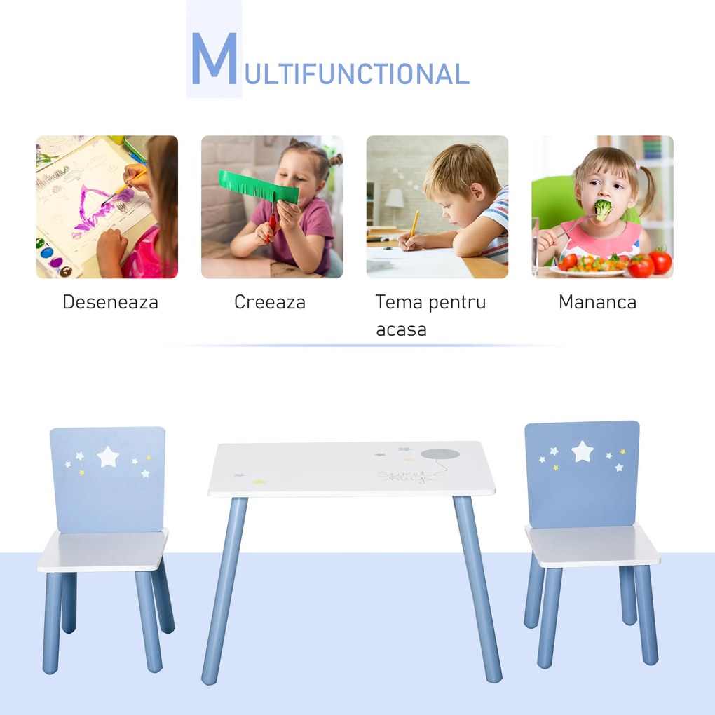 HOMCOM Mobilier Copii 2-6 Ani, Masă și Scaune în Nuanțe de Albastru Deschis și Alb | Aosom Romania