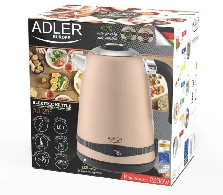 Ceainic electric cu mentenanta termica Adler, 1,7 L, 2200W, Setare 40-100°C, Auriu