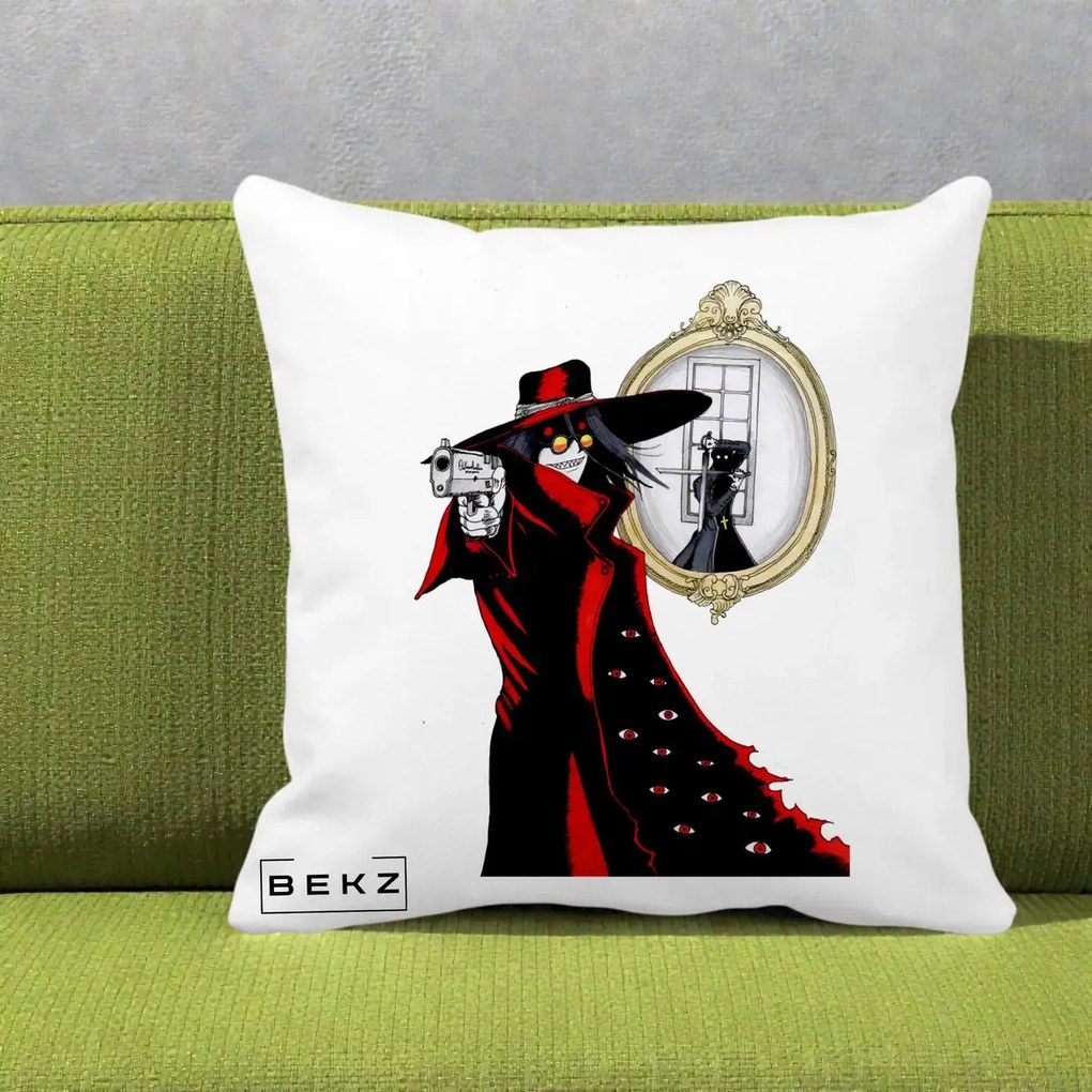 Perna Personalizata Hellsing Alucard cu Pistoale, 40x40 cm, Alba Mata, Husa Detasabila, Perna Inclusa, BEKZ®