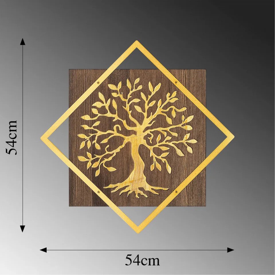 Accesoriu Decorativ de Perete Tree v2, Auriu, Metal / Lemn