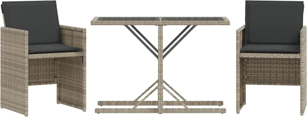 vidaXL Set bistro cu perne, 3 piese, gri deschis, poliratan