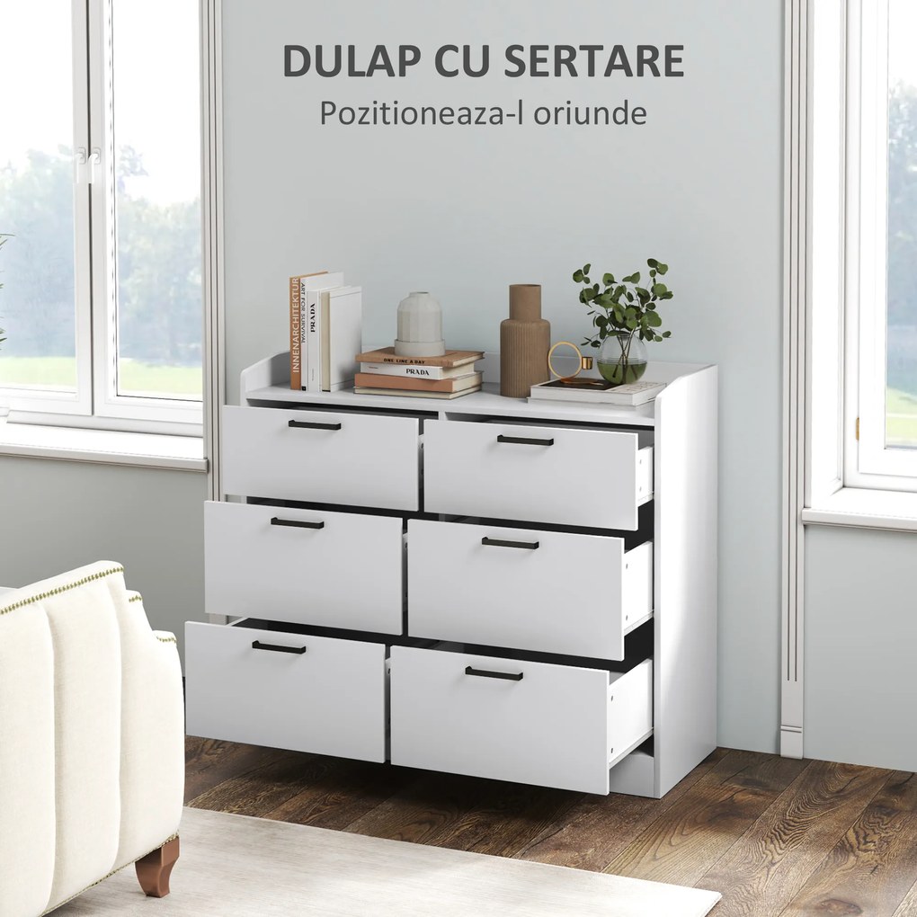 HOMCOM Comodă cu 6 Sertare, Margini Înălțate și Mânere în Formă de U, 110x40x88 cm, Alb | Aosom Romania