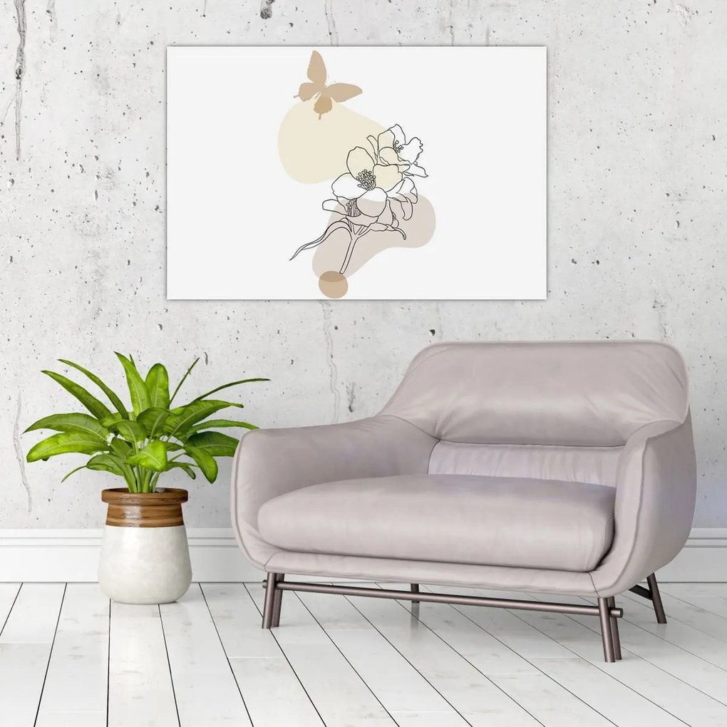 Tablou - Flori bej cu fluture N⁰3 (90x60 cm)