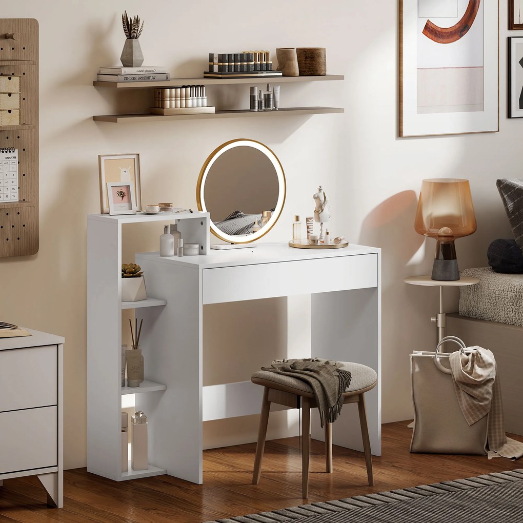 HOMCOM Compact Computer Desk with 3 Storage Shelves and Drawer, Space Saving Writing Desk, Study Table for Home Office, 110 x 40 x 92 cm, White | Aosom Romania