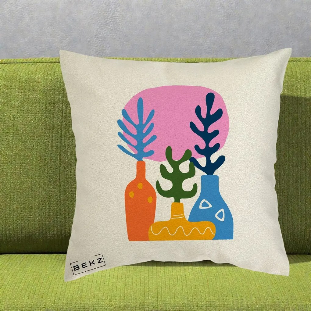 Perna Decorativa Vaze Botanice Abstract, 40x40 cm, Ecru, Husa Detasabila, Perna Inclusa, BEKZ®