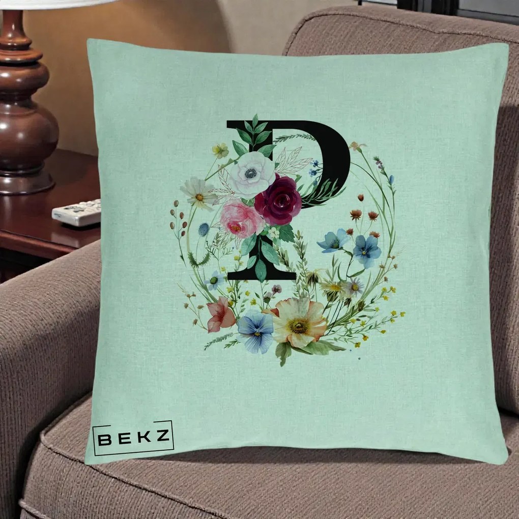 Cadou Personalizat - Perna Personalizata Monogram Litera P cu Flori Acuarela, 40x40 cm, Verde Menta, Husa Detasabila, Perna Inclusa, BEKZ®