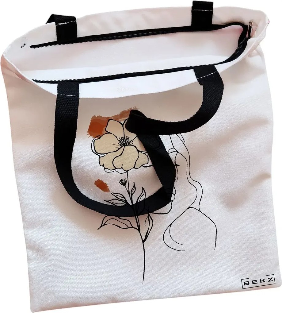 Sacosa de Panza pentru Cumparaturi, Geanta Tote, Flower Lady 5, Cu fermoar, 38x34.5 cm, Alba, BEKZ®