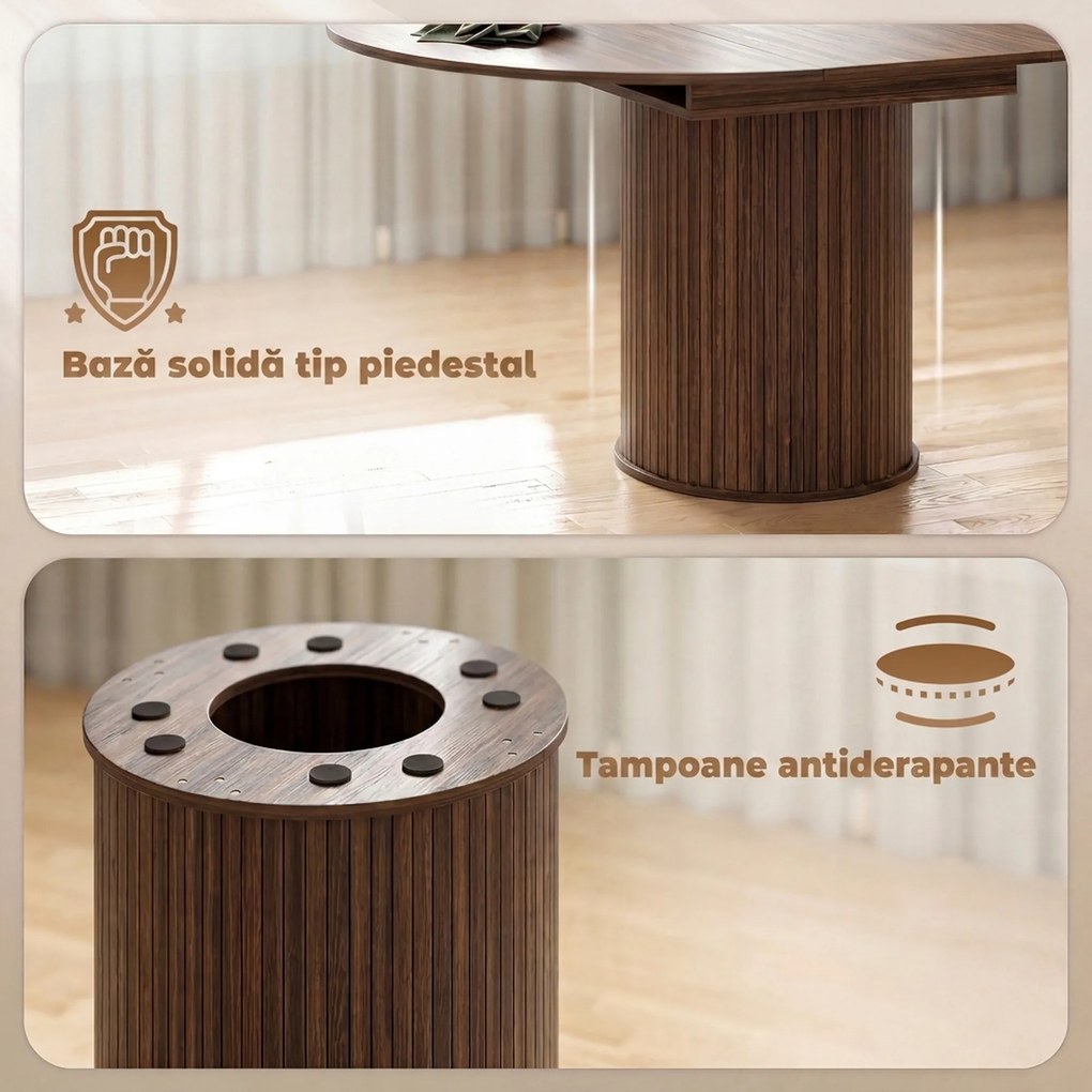 HOMCOM Masă Extensibilă pentru 6-8 Persoane, Rotundă/Ovală, cu Bază Tip Piedestal, din MDF și Oțel, Nuc Închis | Aosom Romania