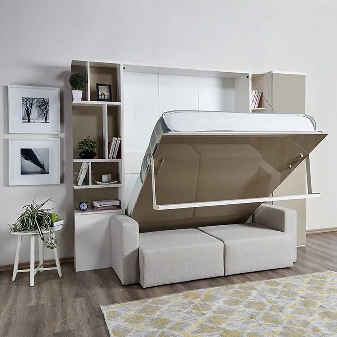 Set pat rabatabil dublu cu somiera inclusa, canapea 2 locuri, dulap (50) si biblioteca (50) - royal combi (150x200)