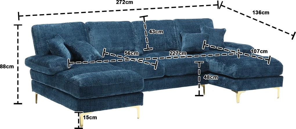 Canapea modulară mare, modernă, în formă de U, din chenille, cu dublu șezlong rabatabil, Albastru