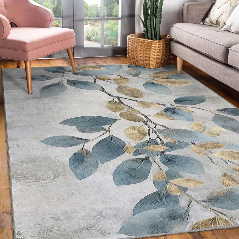 Covor tip traversă albastru deschis/auriu lavabil 80x200 cm Golden Leaves – Mila Home