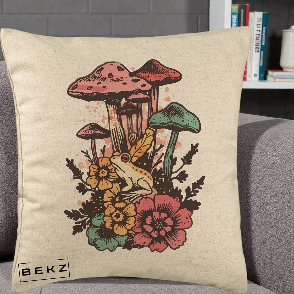 Perna Decorativa Ciuperci si Broaste Boho, 40x40 cm, Bej, Husa Detasabila, Perna Inclusa, BEKZ®