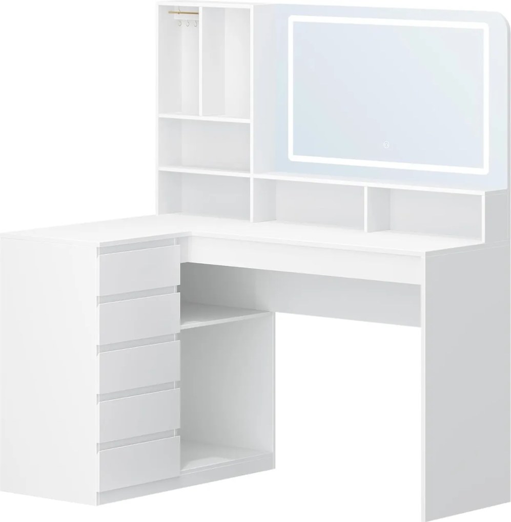 SEA32 - Set Masa toaleta 120 cm pentru colt, cosmetica machiaj, oglinda cu LED, masuta vanity cu 5 sertare, Organizator Bijuterii - Alb