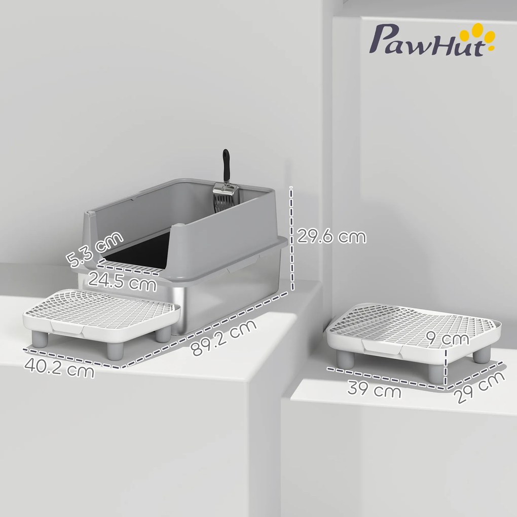 PawHut Tavă XL pentru litieră din oțel inoxidabil, Pereți laterali înalți, Pedală și covoraș filtrant, Lopată, 60,2x40,2x29,6cm, Gri | Aosom Romania