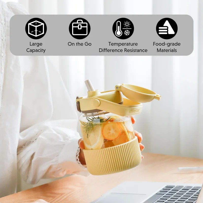 Sticla Buydeem DG78-MY, Pai pop-up, Maner, Sticla rezistenta la caldura pana la 150°C, Etansare tripla, Galben