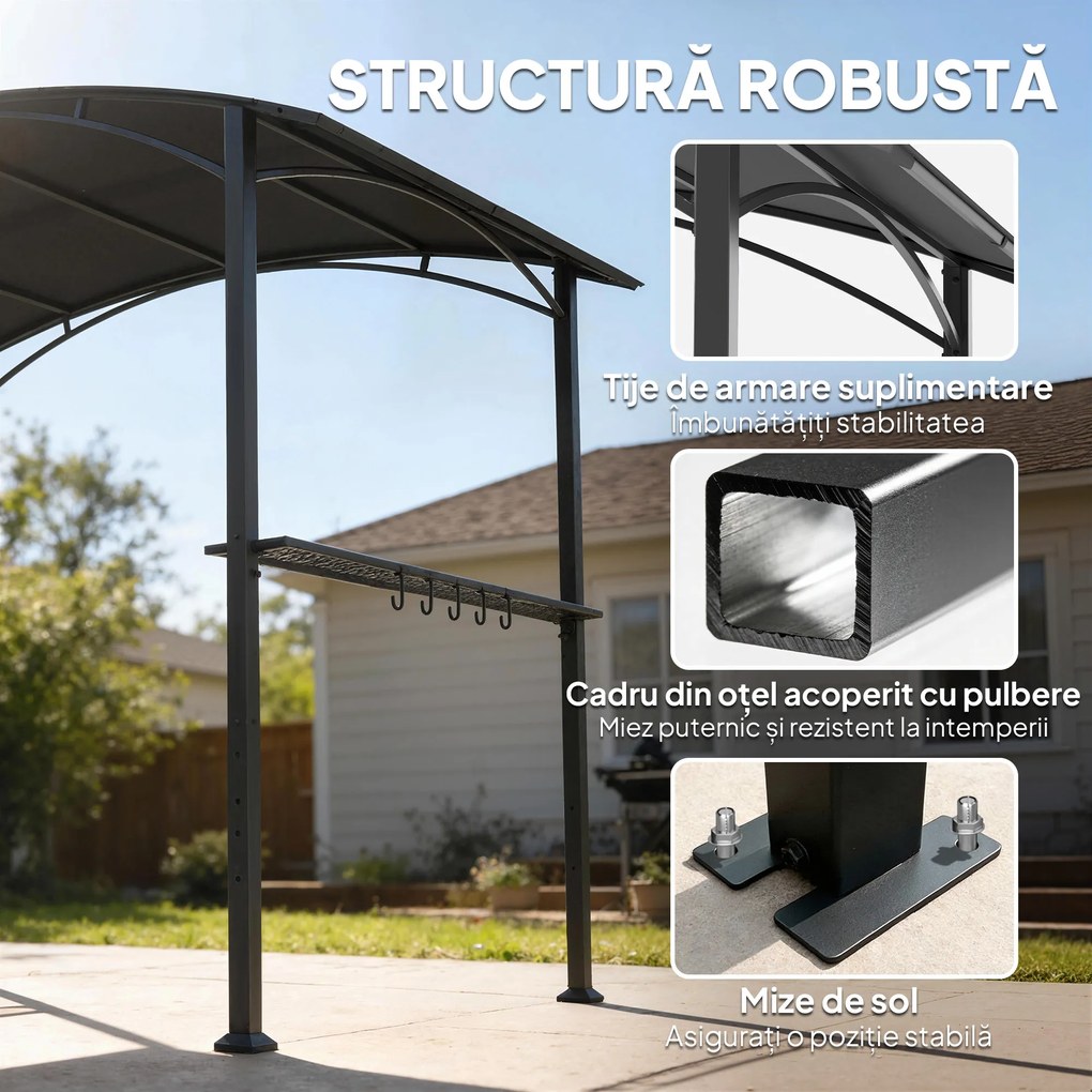 Outsunny Gazebo pentru Grătar 2.5x1.5 m, Pergolă pentru Grătar cu 2 Rafturi Laterale și Cârlige, Cadru din Oțel și Acoperiș din Poliester pentru Grădină, Gri Închis | Aosom Romania