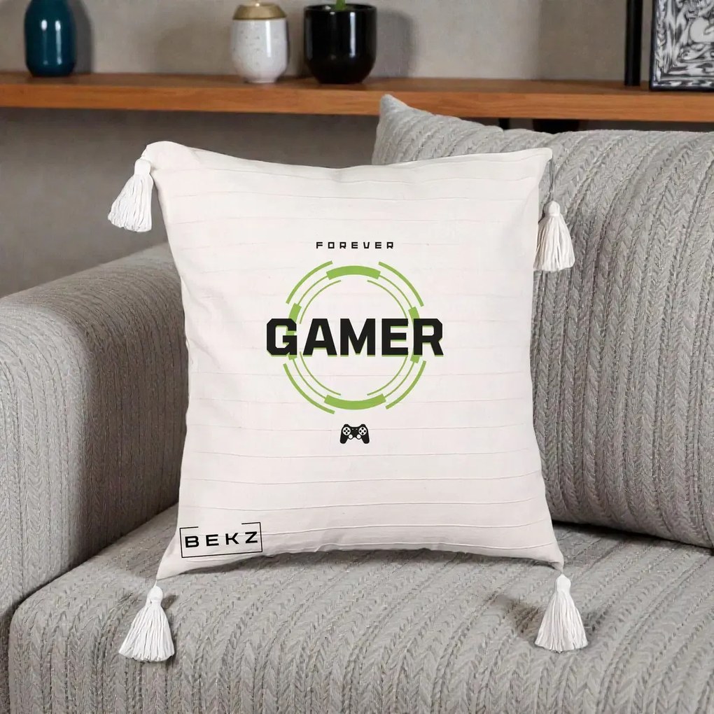 Perna Personalizata Forever Gamer, 40x40 cm, Bej cu Franjuri, Husa Detasabila, Perna Inclusa, BEKZ®