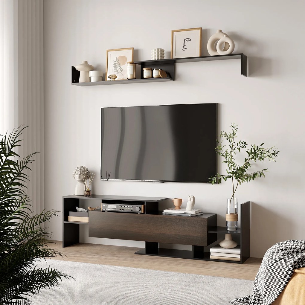 HOMCOM Ansamblu mobilier TV cu banc și raft de perete stil contemporan 153,6L cm - negru | Aosom Romania