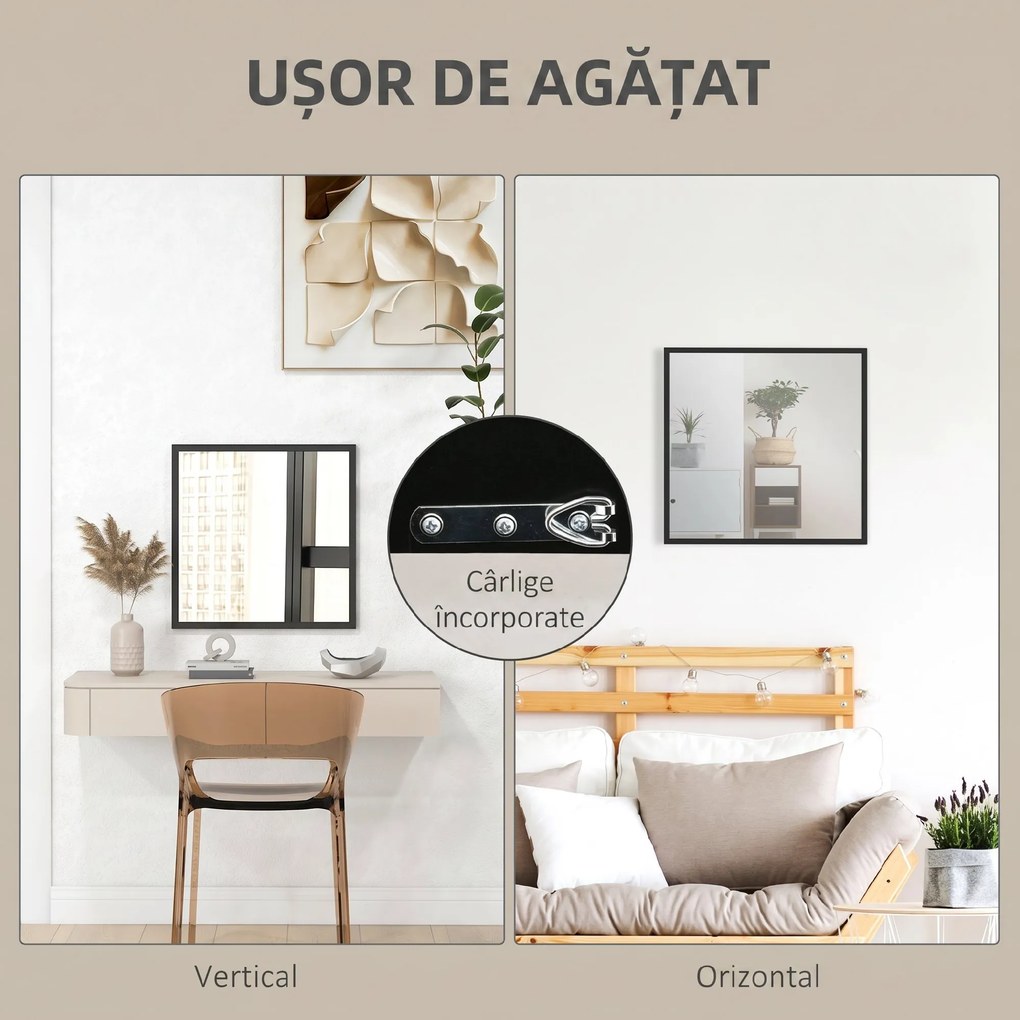 HOMCOM Oglindă de Perete Pătrată din Sticlă și MDF, 50x50 cm, Negru | Aosom Romania