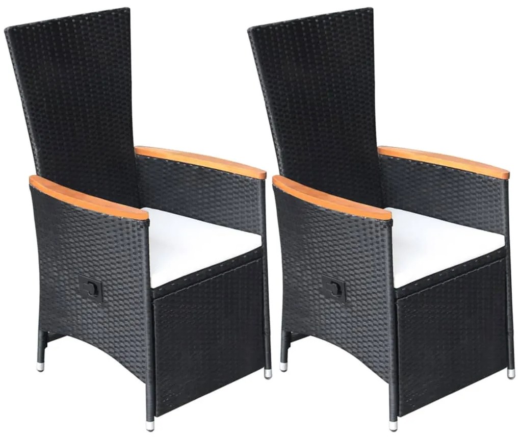 vidaXL Scaune de grădină rabatabile cu perne, 2 buc., negru, poliratan