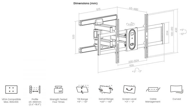 Suport TV Crown WM60K100MTL, 43-100", Înclinare orizontală, Negru