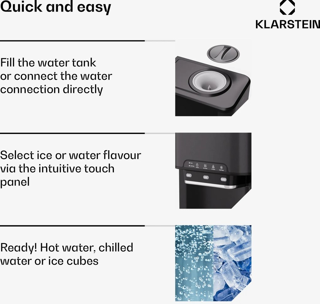 Klarstein Aqueous aparat de gheață 3 în 1: cuburi de gheață, distribuitor de apă: caldă și rece 20 kg/24h