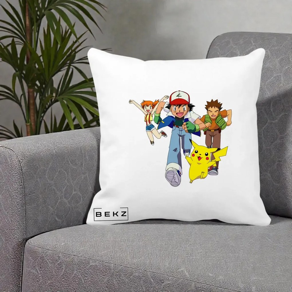 Perna Personalizata Pokemon Ash Misty Brock si Pikachu, 40x40 cm, Alba Mata, Husa Detasabila, Perna Inclusa, BEKZ®