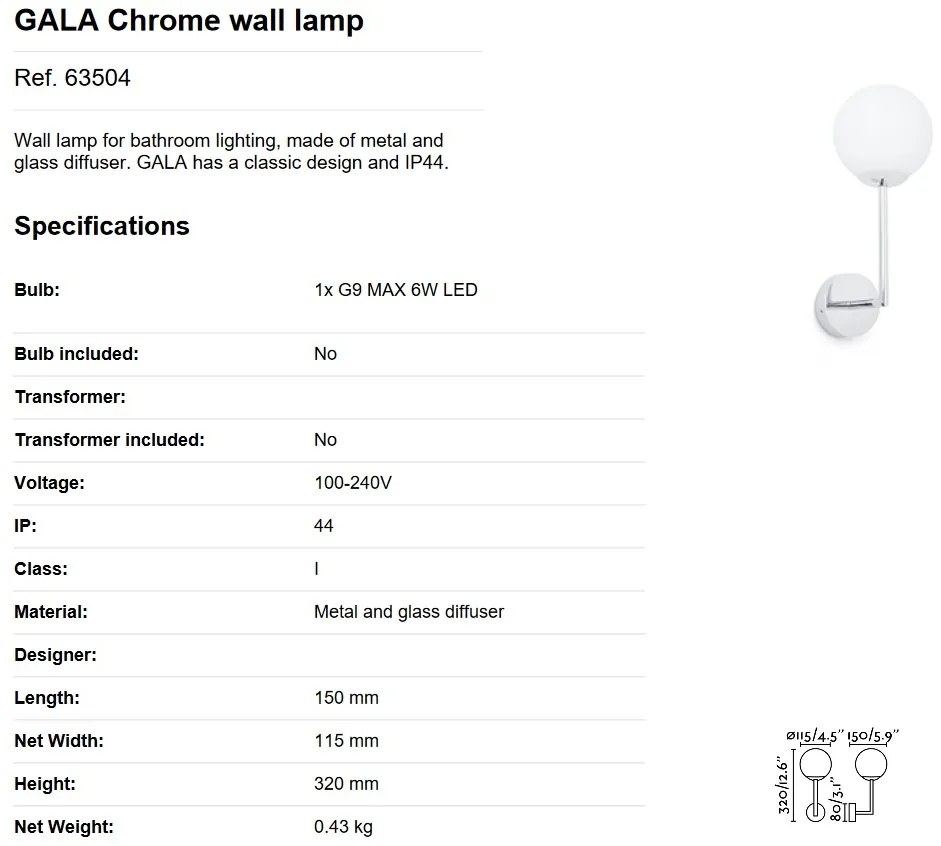 Aplica de perete baie cu protectie IP44 GALA Chrome 63504