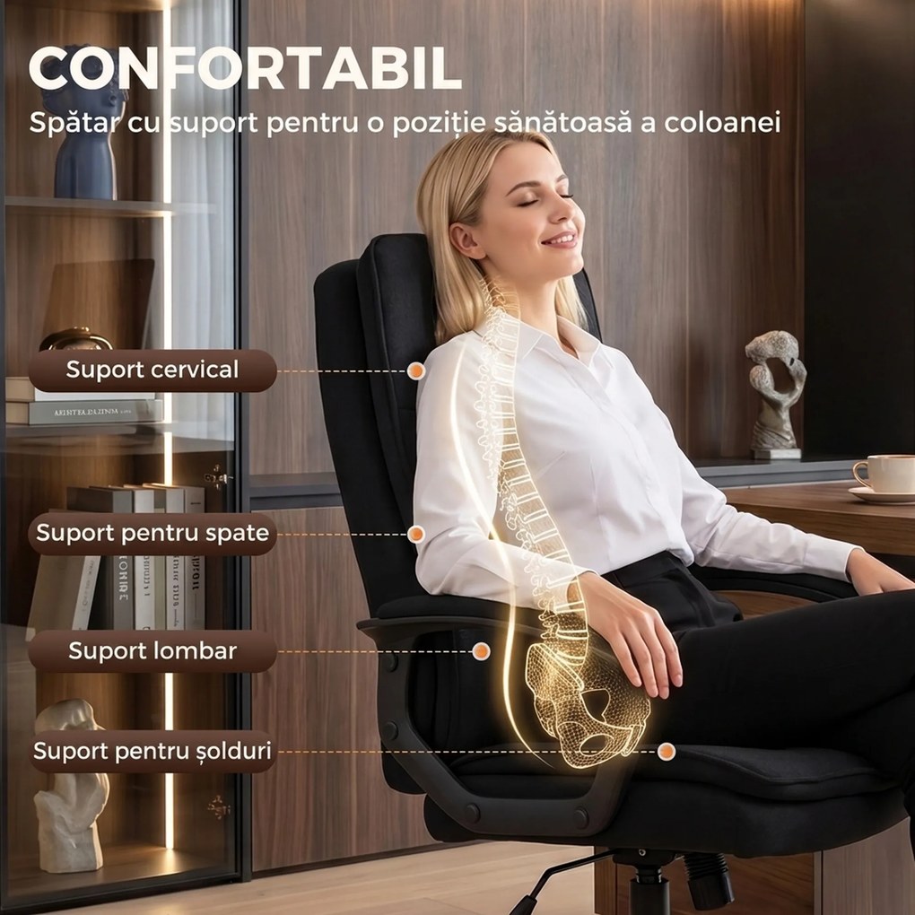 HOMCOM Scaun de Birou Ergonomic din Material Tip In, Înălțime Reglabilă, Funcție de Balansare, 120 kg, Negru | Aosom Romania