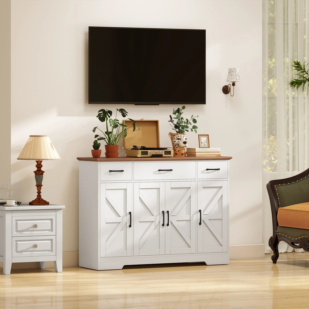 HOMCOM Bufet Bucătărie Rustic, Bufet cu Uși Soft-Close, 3 Sertare, 3 Rafturi Reglabile, Portaspecii, PAL, MDF, Alb | Aosom Romania
