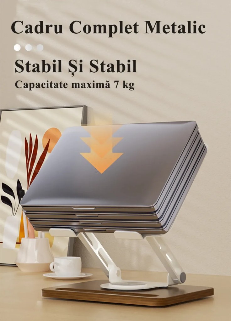 Suport ergonomic pentru laptop și tabletă, construcție premium din oțel carbon și lemn masiv, Negru