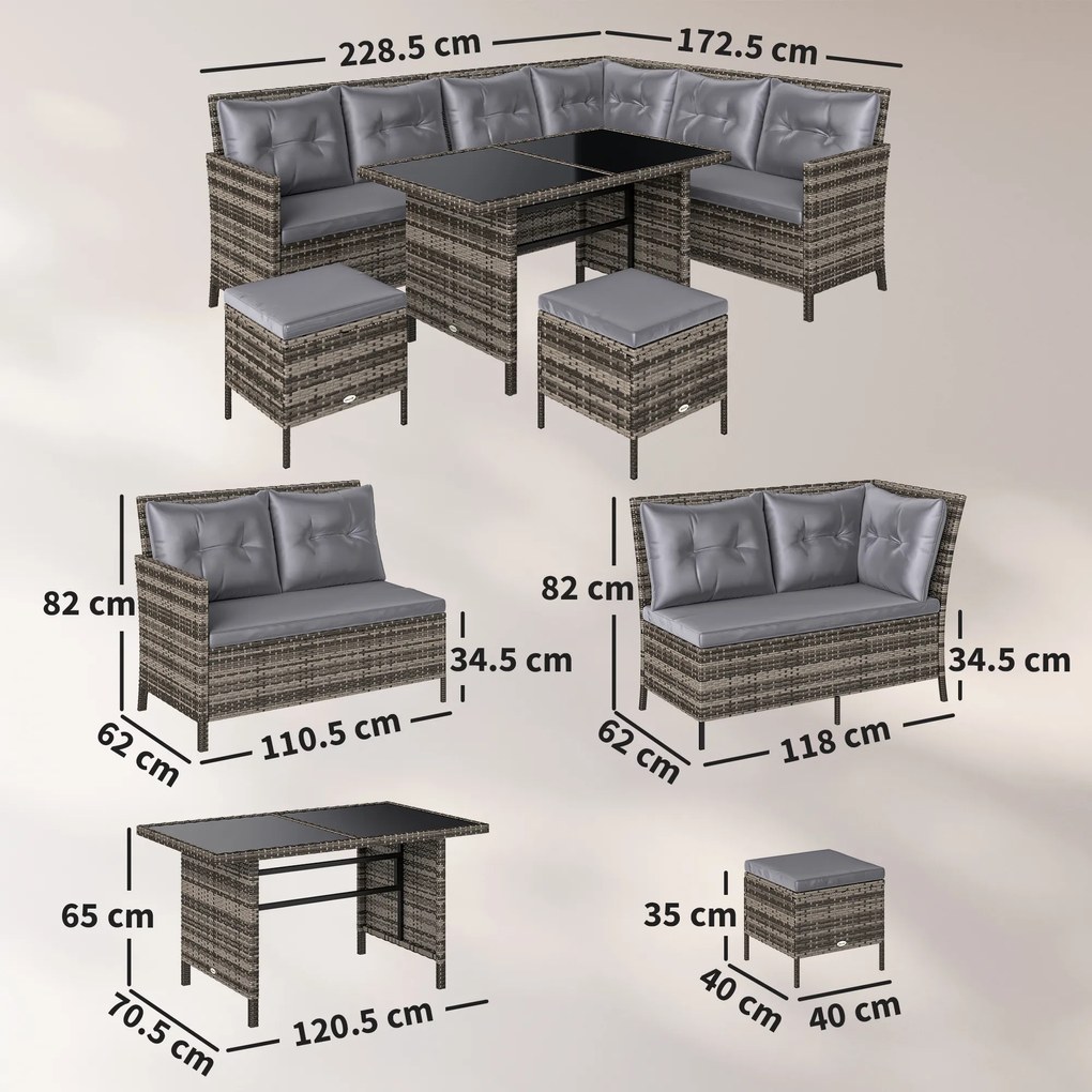 Outsunny Set de mobilier de grădină din PE-Rattan, pentru 5 persoane, Set de lounge din rattan, perne detașabile, Gri + Maro | Aosom Romania