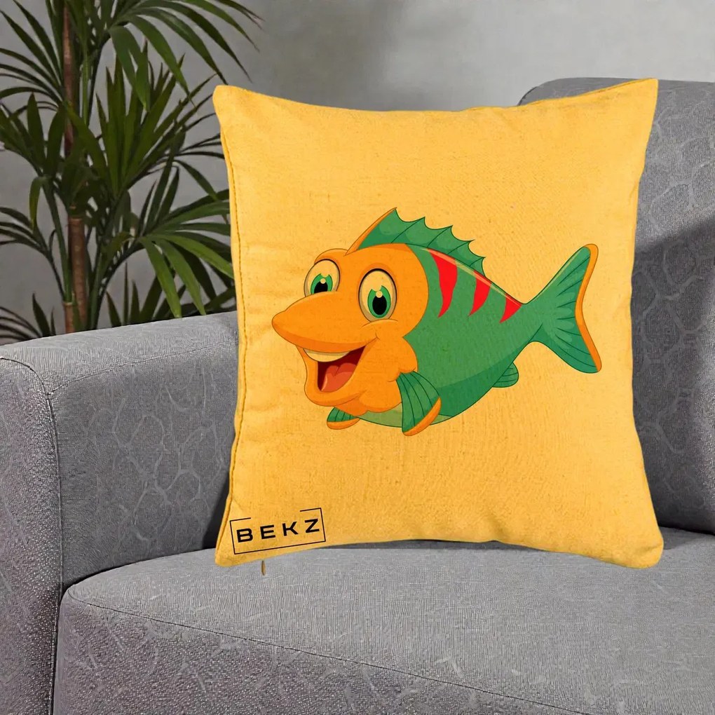 Perna Decorativa Peste Vesel Cartoon, 40x40 cm, Galben, Husa Detasabila, Perna Inclusa, BEKZ®