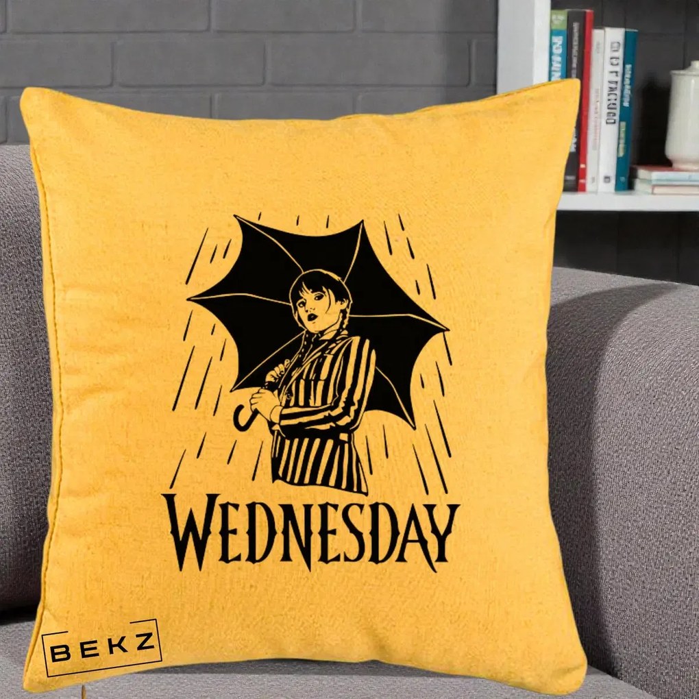 Perna Personalizata Wednesday cu Umbrela Ploaie Lineart, 40x40 cm, Galben, Husa Detasabila, Perna Inclusa, BEKZ®