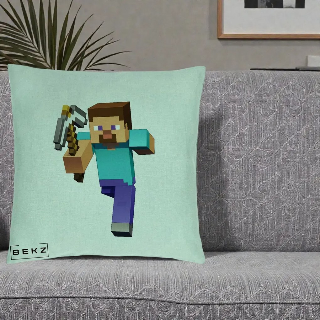 Perna Personalizata Minecraft Steve, 40x40 cm, Verde Menta, Husa Detasabila, Perna Inclusa, BEKZ®