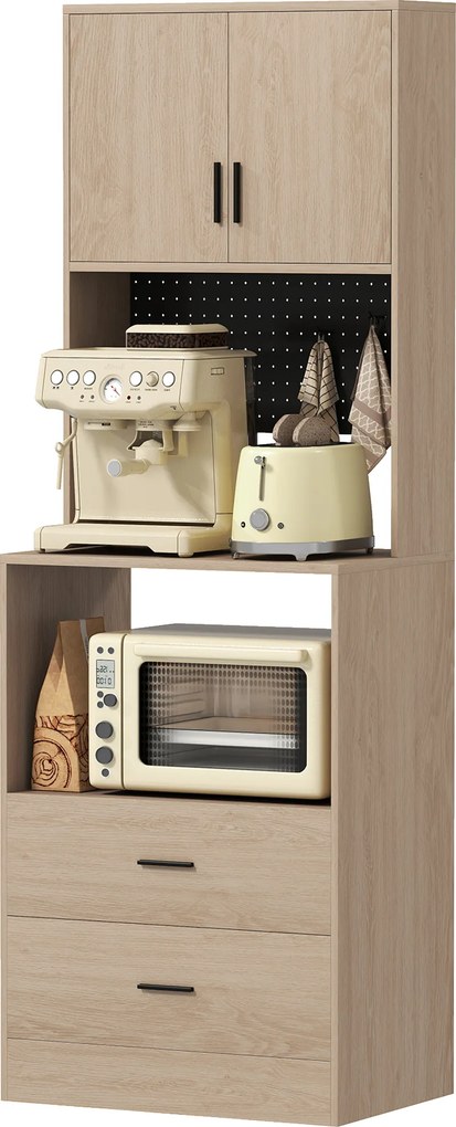 HOMCOM Mobilier pentru cuptor cu microunde, bufet, 2 sertare, 2 uși, blat de lucru, poliță reglabilă, panou perforat, 4 cârlige, lemn natural | Aosom Romania