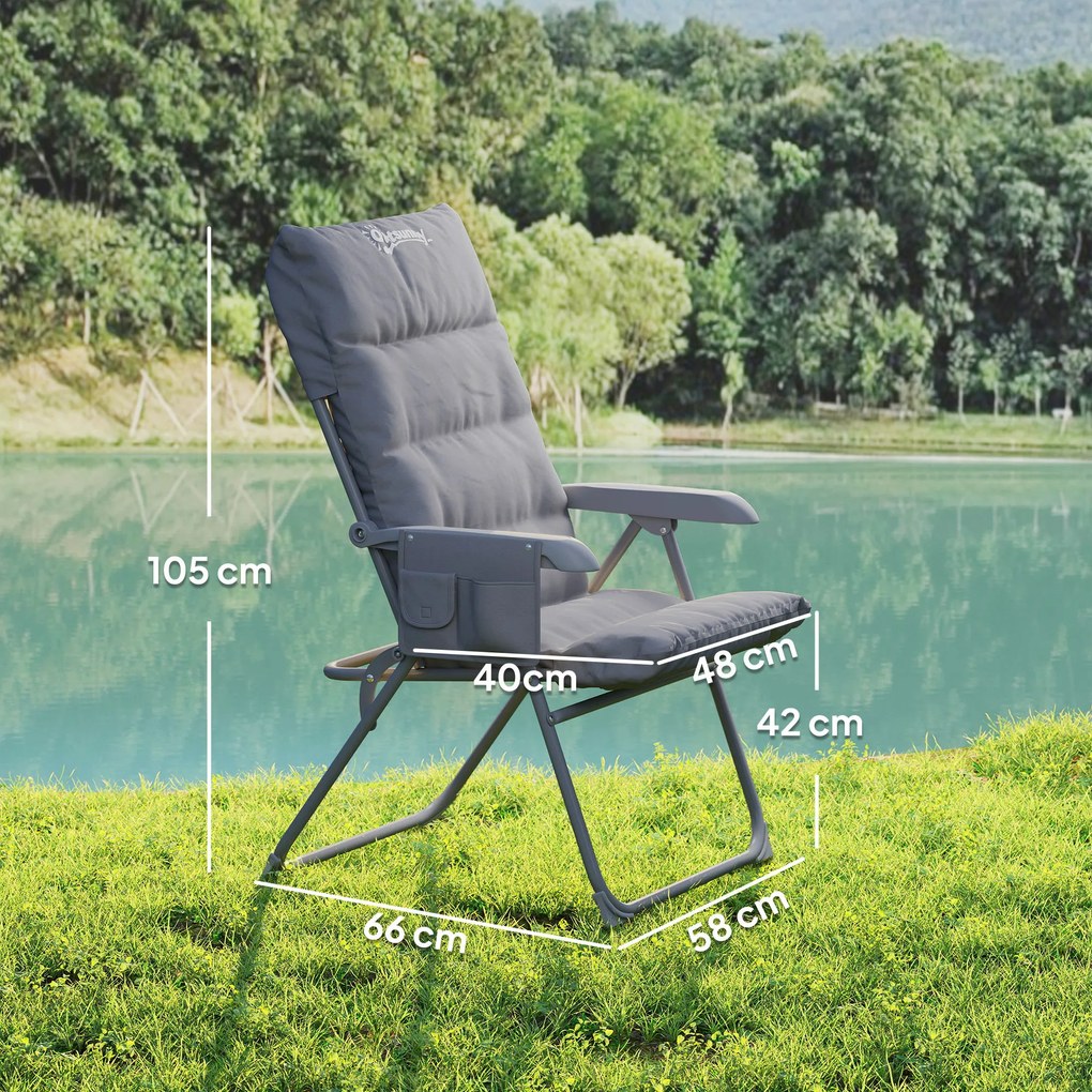 Outsunny Scaun de Camping Pliabil cu Spătar Înalt Reglabil în 5 Poziții și Buzunare Laterale, 66x58x105 cm, Gri Deschis | Aosom Romania