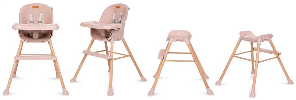 Scaun de Masa 4in1 pentru Bebelusi si Copii, Eatan Wood, Inaltime Ajustabila, Varsta 0-15 kg, Centura de Siguranta in 5 Puncte, Depozitare, Roz
