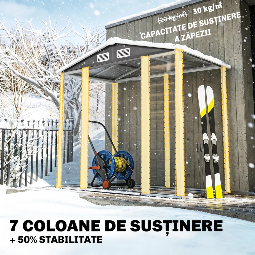 Outsunny Magazie de Grădină din Tablă de Oțel cu 4 Orificii de Ventilație și 2 Uși Glisante, 213x120x194 cm, Gri Închis | Aosom Romania